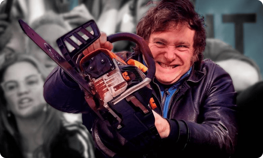 Milei agarrando una motosierra